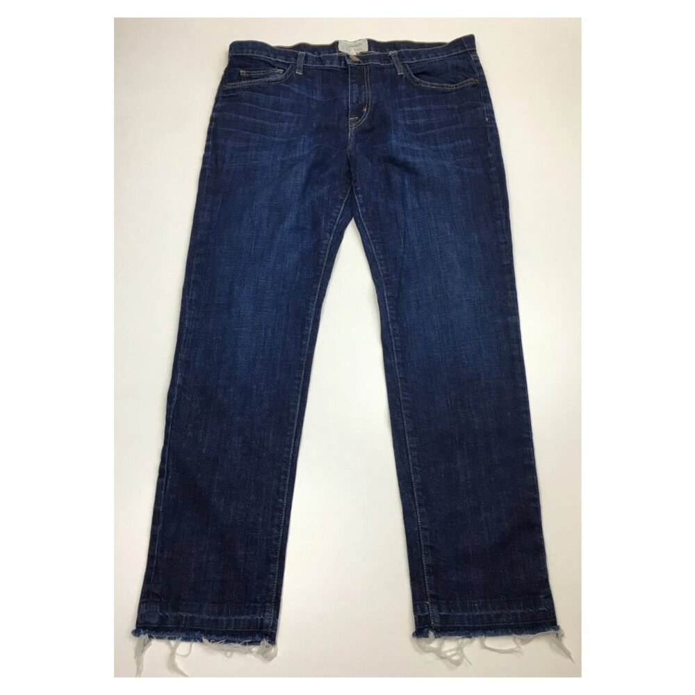 CURRENT ELLIOTT Med/Dark Wash THE FLING 5 Pocket Logo Buttons Released Hem Jeans